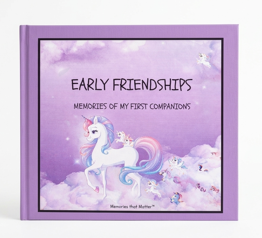 Kindergarten friendship book titled 'Early Friendships - Memories of my first companions' with a unicorn illustration on a purple background with clouds. Alicorns. square format, black frame and a pink, purple rim. Memories that Matter.