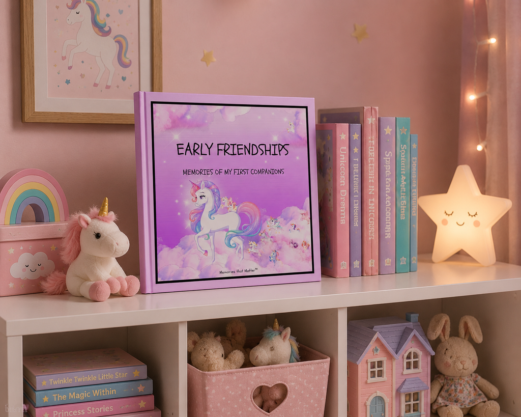 Kindergarten friendship book 'Flying with Unicorns' displayed on a children's bookshelf with the visible series title 'Early Friendships' and unicorn-themed decor. cuddly toys, fairy lights, doll's house, framed image with alicorn.