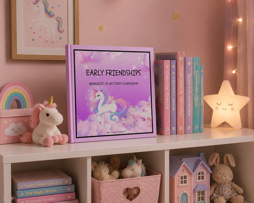 Kindergarten friendship book 'Flying with Unicorns' displayed on a children's bookshelf with the visible series title 'Early Friendships' and unicorn-themed decor. cuddly toys, fairy lights, doll's house, framed image with alicorn.