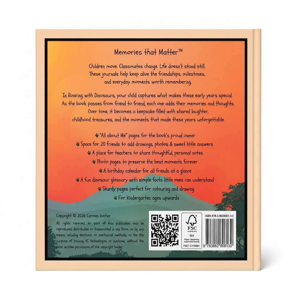 Back cover of a children's friendship book 'Roaring with Dinosaurs' with content summary, how to explanation, age group recommendation, featuring a QR code, barcode and FSC logo with black frame, white rim on orange sundown and dark green jungle background.