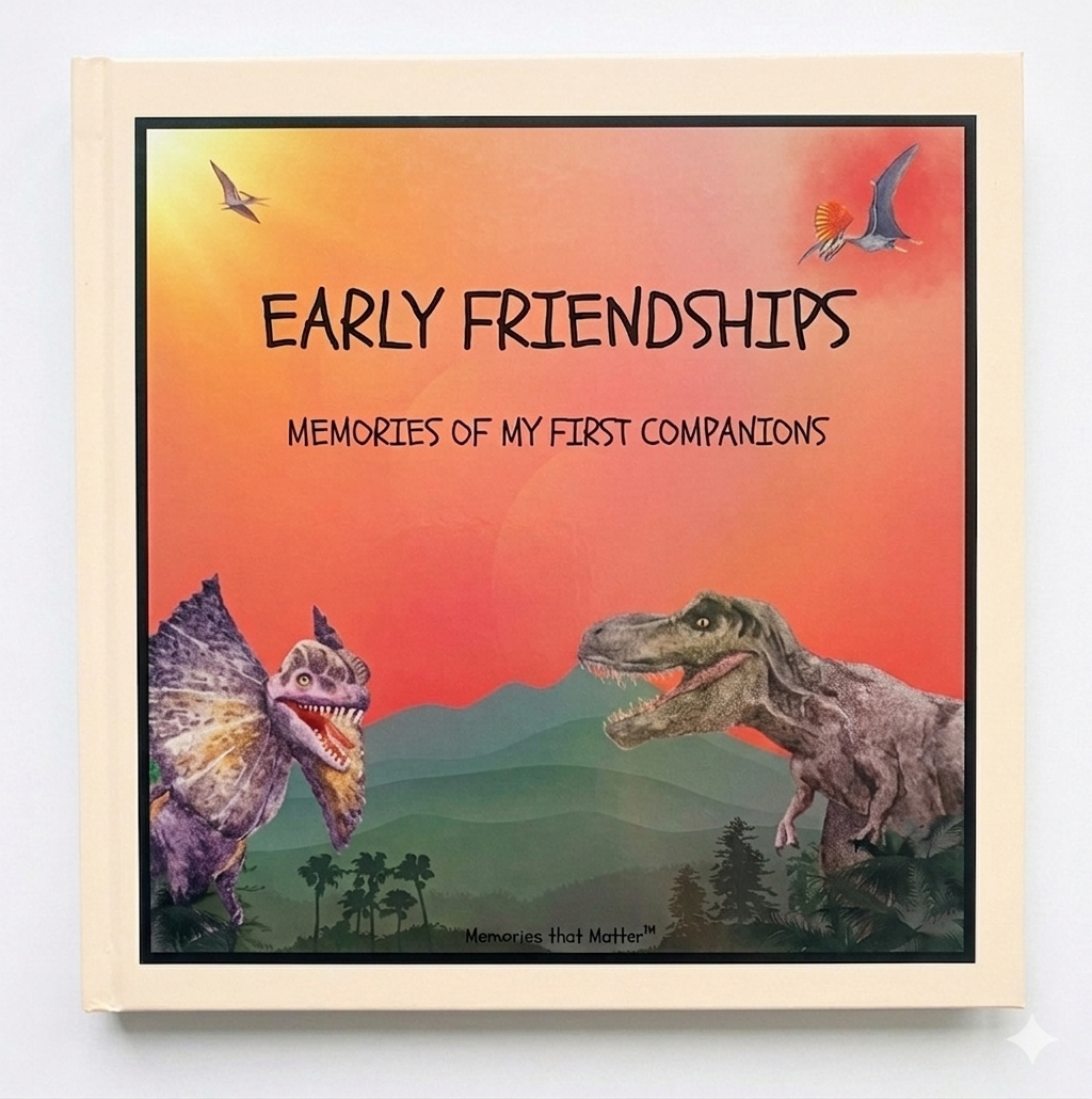 Children's friendship book front cover titled 'Early Friendships - Memories of My First Companions' with cartoon dinosaurs trex,  dilophosaurus, and pterosaurs, red sundown, and green jungle background. memories that matter. kindergarten, age 3 to 8. 