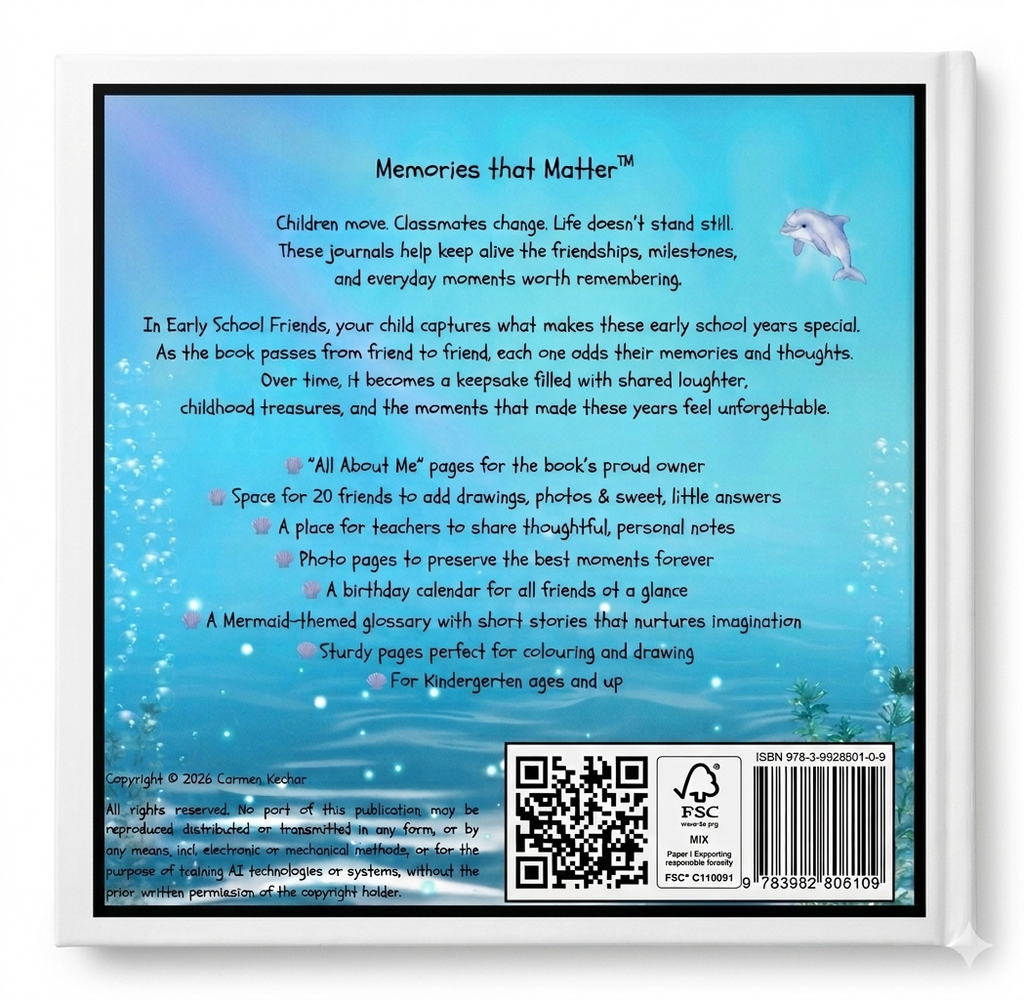 Back cover of a kindergarten friendship book 'Singing with Mermaids - Early Friendships' featuring a scenic underwater illustration. With explanation how it works, age recommendation, a content summary, overview of extra pages, featuring a QR code, FSC logo, and barcode. with black frame and white  rim. dolphin, shells.