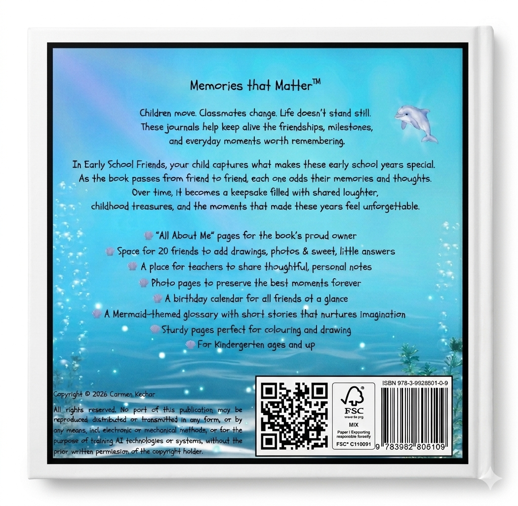 Back cover of a kindergarten friendship book 'Singing with Mermaids - Early Friendships' featuring a scenic underwater illustration. With explanation how it works, age recommendation, a content summary, overview of extra pages, featuring a QR code, FSC logo, and barcode. with black frame and white  rim. dolphin, shells.