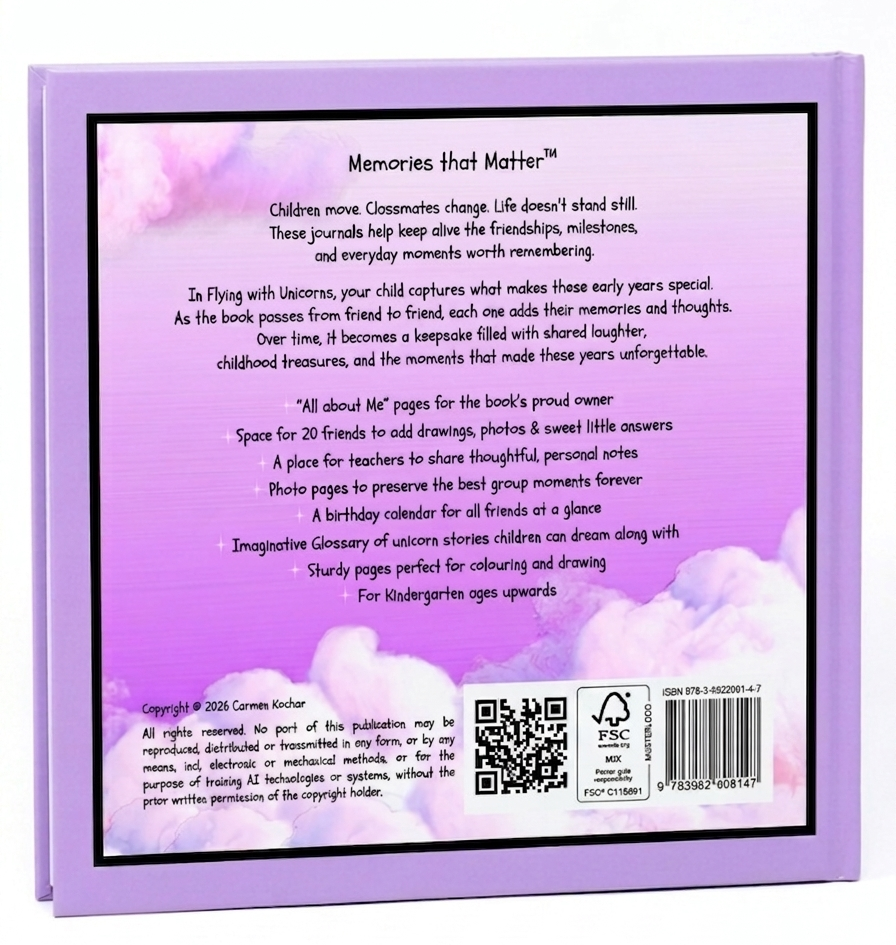 Back cover of a kindergarten friendship book 'Flying with Unicorns' featuring a scenic pink cloud illustration. With explanation how it works, age recommendation, content summary, overview of extra pages, featuring a QR code, FSC logo, and a barcode. with black frame and pink purple rim.